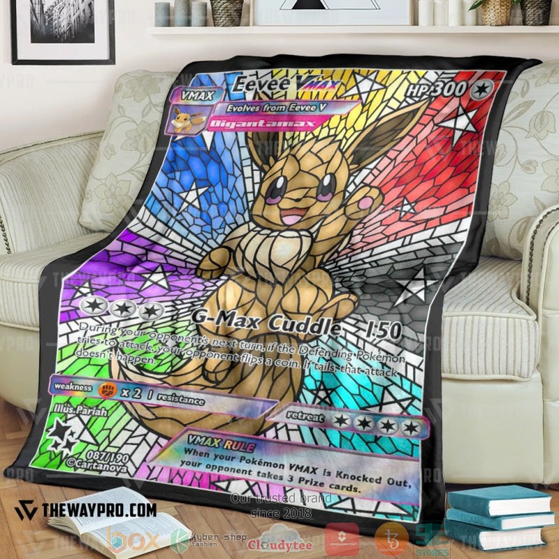 Anime Pokemon Card Eevee Hybrid Vmax Proxy Stain Glass Soft Blanket Anime Pokemon Card Eevee Hybrid Vmax Proxy Stain Glass Soft Blanket