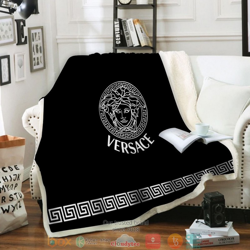 Versace White Pattern Black Fleece Blanket Versace White Pattern Black Fleece Blanket