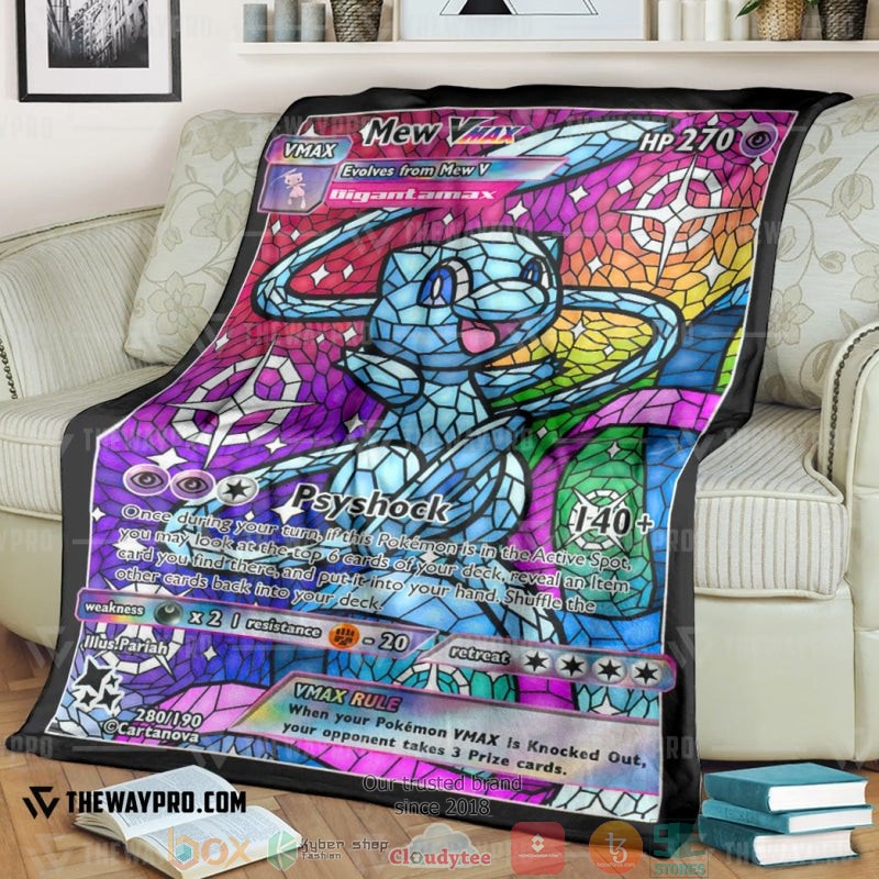 Anime Pokemon Card Mew Blue Hybrid Vmax Stain Glass Soft Blanket Anime Pokemon Card Mew Blue Hybrid Vmax Stain Glass Soft Blanket
