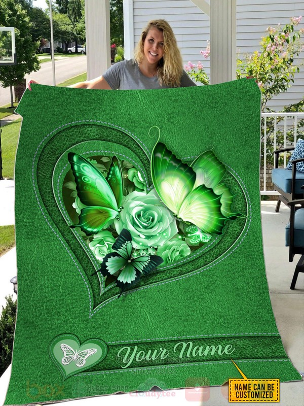 Butterfly Flower Heart Custom Name Green Blanket Butterfly Flower Heart Custom Name Green Blanket