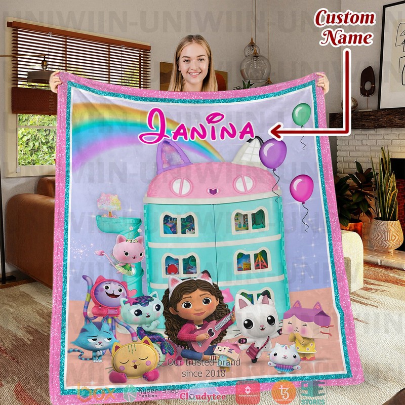 Personalized Gabbys Dollhouse Birthday Party Blanket Personalized Gabbys Dollhouse Birthday Party Blanket