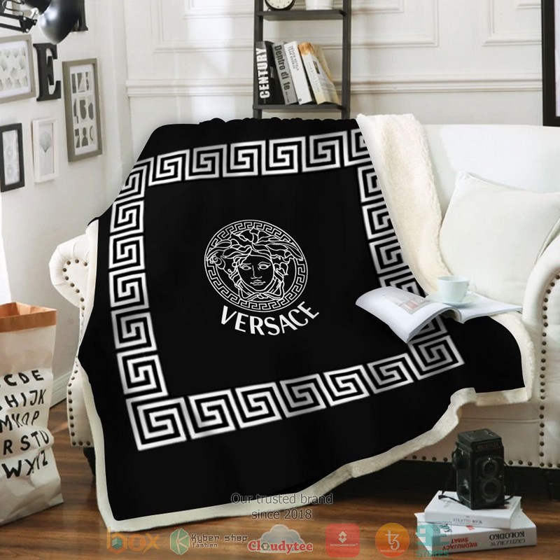 Versace White Border Pattern Black Fleece Blanket Versace White Border Pattern Black Fleece Blanket